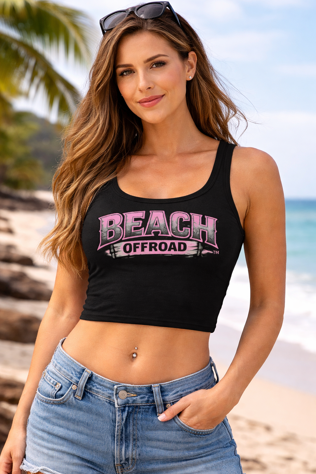 Beach Offroad Black and Pink Cropped Tank